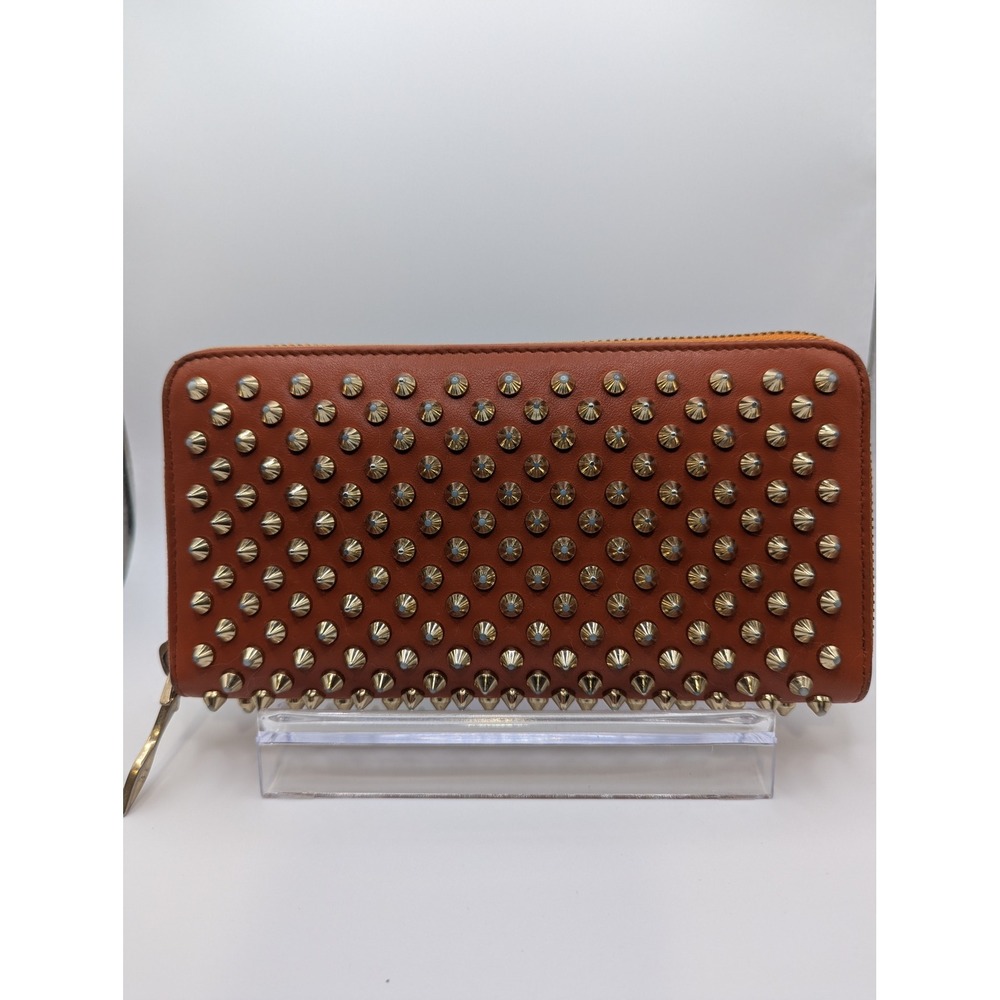 Christian‎ Louboutin Wallet Orange Panettone Leather Studded Zip Around COA Gold